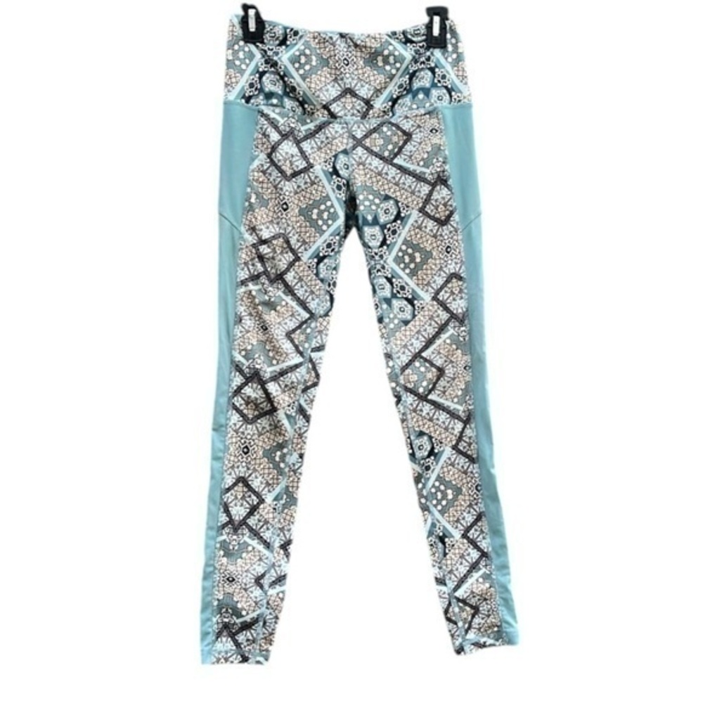 RBX Active Leggings, all over pattern, sheer sides, size small, color blue